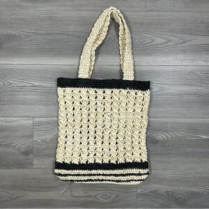 Zara Woven Macrame Tote Bag Neutral Black Striped Boho Market Bag NWOT